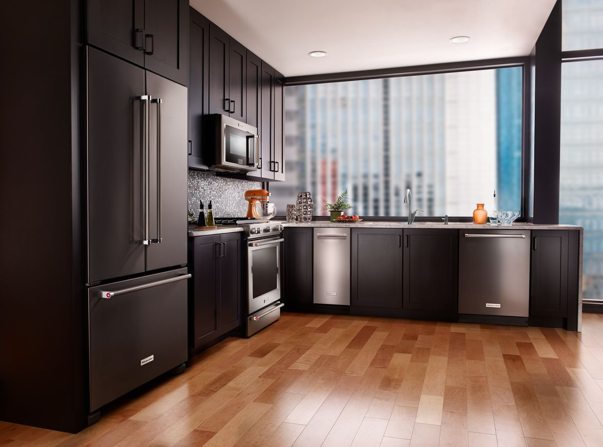 kitchen with black stainless appliances
